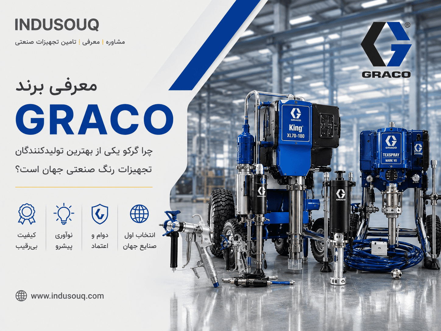 معرفی برند GRACO و تجهیزات رنگ صنعتی شامل پمپهای ایرلس، گان پاشش و سیستمهای انتقال سیالات برای کاربردهای صنعتی