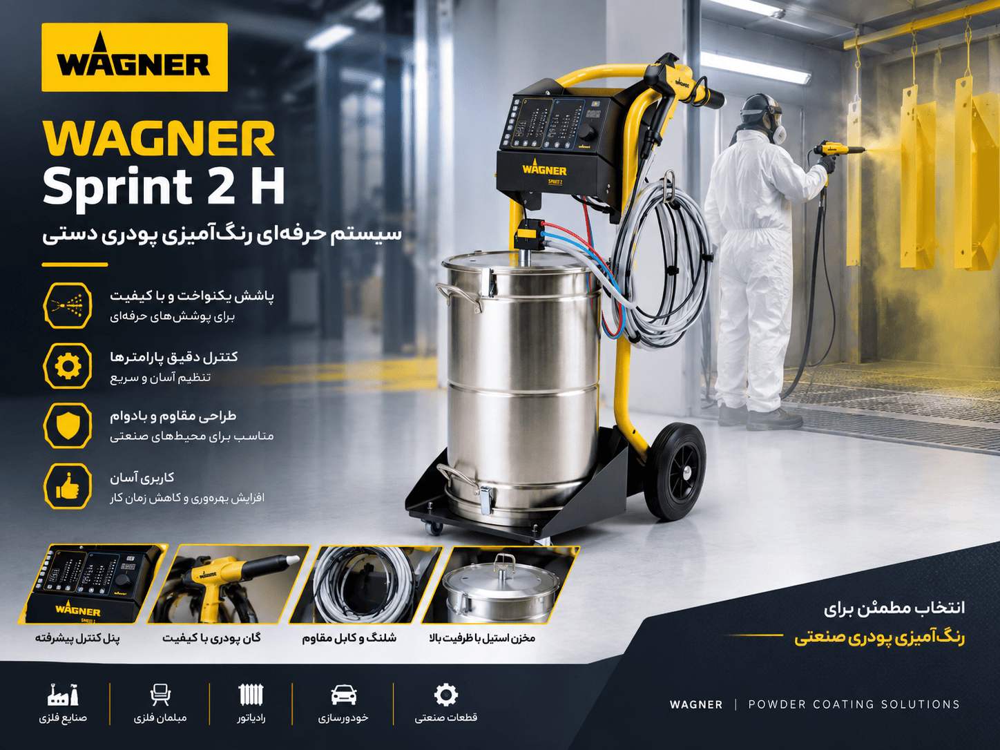 سیستم رنگ پودری واگنر WAGNER Sprint 2 H برای رنگآمیزی پودری دستی و پوششدهی قطعات صنعتی